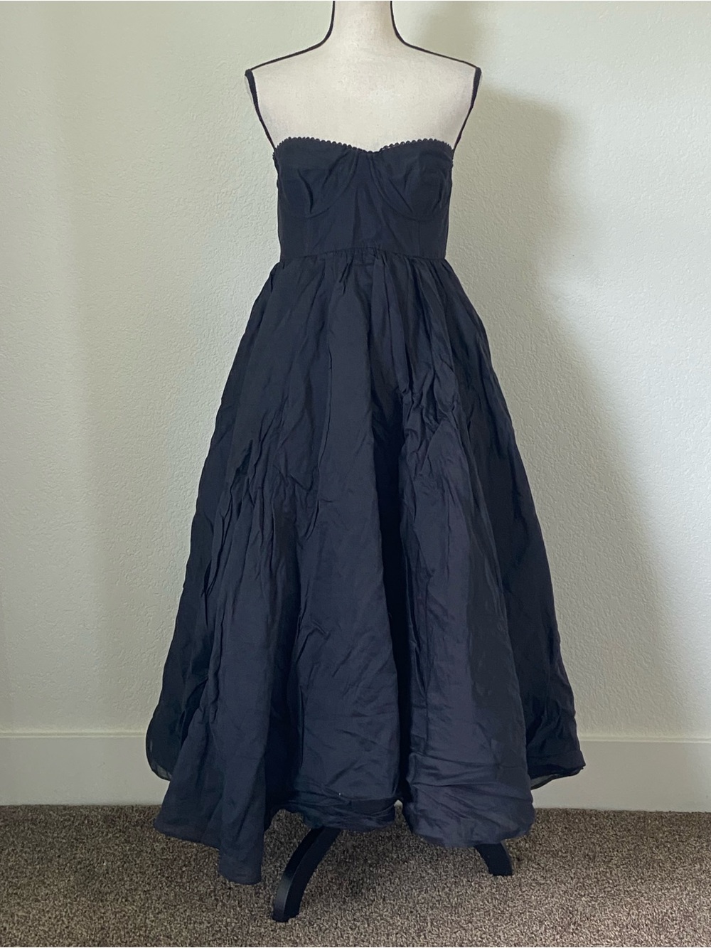 SELKIE Silk/Cotton Strapless Corset Flared Midi Dress Size Medium Black